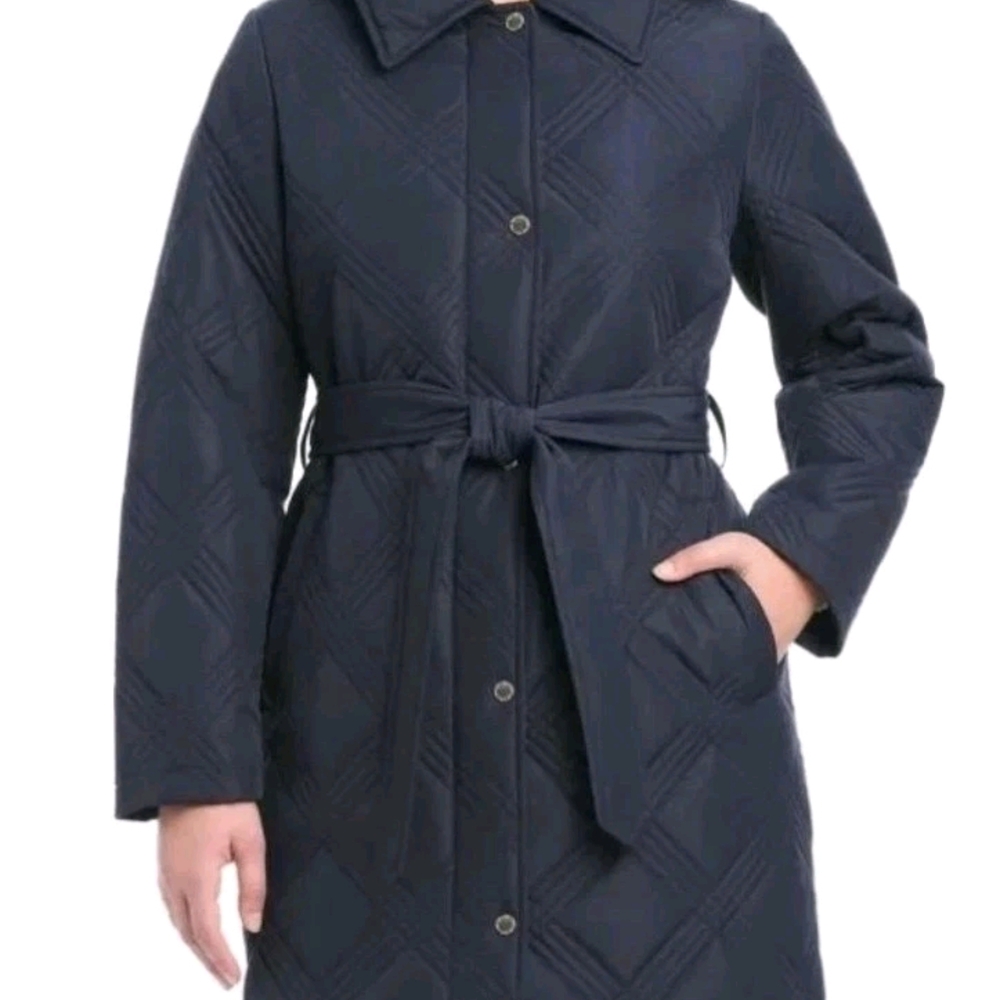 NWT Womens Jones New York Navy Quilted Trench Coat /Belt & Removable Hood Sz.M
